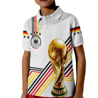 Kids white polo shirt with short sleeves, button placket, colorful football trophy print