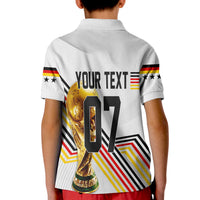 Kids white polo shirt, back view with large trophy graphic and bold numeric design