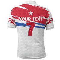 Polo shirt back: custom text over star, number 7, England red white blue stripes