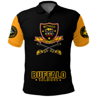 Black polo shirt with yellow sleeves; front Buffalo Soldiers crest and crossed swords graphic.