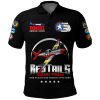 Black polo shirt with front aircraft hero print, large text, and sleeve patches