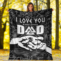 Black fleece blanket front view with 'I LOVE YOU' and 'DAD' in Viking rune pattern