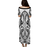 Black long dress with Polynesian geometric print, back boat neckline, elbow sleeves