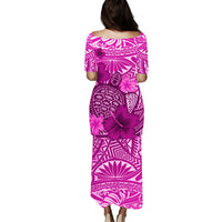 Pink hibiscus sea turtle long dress, back view, 3/4 sleeves, round neckline, Polynesian print