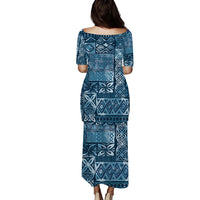 custom-personalised-polynesian-puletasi-dress-blue-tapa-tribal-fabric-pattern
