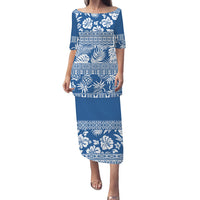 Blue long off-shoulder dress, short sleeves, tropical leaf and floral print