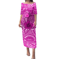 Pink hibiscus sea turtle long dress with 3/4 sleeves, round neckline, Polynesian print