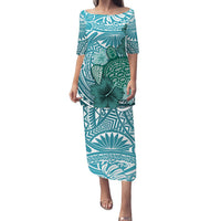 Turquoise tropical long dress with sea turtle and hibiscus, 3/4 sleeves