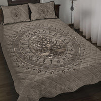 Light beige Viking quilt with dark circular Tree of Life design and two matching pillows