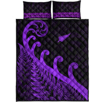 Flat-lay quilt bed set: purple and black fern and koru artwork with two accent pillows
