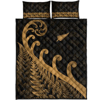 Black duvet cover with gold koru scroll, fern leaf pattern, and two matching pillowcases