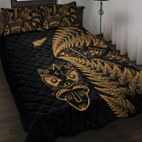 Black quilt bed set with gold fern and tribal mask motifs; quilted cover + 2 pillows