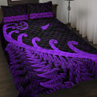 Purple and black quilt bed set with fern and koru patterns, quilted diamond design