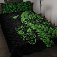 Black quilt bed set with neon-green fern fronds and tribal tiki face patterns, matching pillow