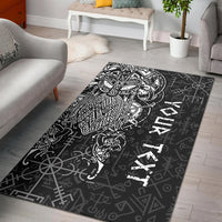 Black rug with white Viking Odin runes and longship graphic, full view