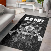Black area rug with Viking Odin rune pattern, white bearded warrior face, and DADDY text