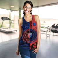 Women’s racerback tank with circular emblem and red navy Polynesian print, front