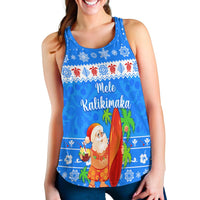 Back view: blue racerback tank with Santa surf graphic and snowflake pattern