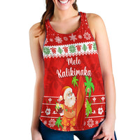 Red racerback tank with Santa surfing holiday print and 'Mele Kalikimaka' text