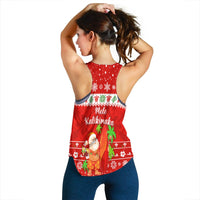 Red racerback tank back view with snowflake pattern and Santa surfing graphic at hem