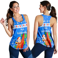 Blue racerback tank with Santa surfing and snowflake holiday print