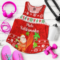 Red racerback tank top with Santa surfing 'Mele Kalikimaka' holiday print and scoop neck