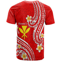 Red Hawaiian graphic T-shirt back with white tribal pattern, flowers, and yellow cross