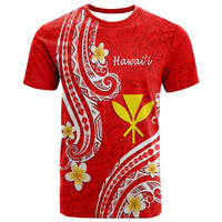 Red Hawaiian graphic T-shirt with white tribal lines, flowers, and yellow cross