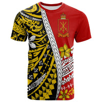 Red T-shirt with Polynesian-style panel print and crest graphic