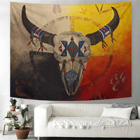 Native American medicine wheels tapestry flag with buffalo skull design, multicolor