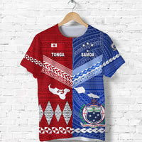 Red and blue Tonga and Samoa patterned T-shirt with islands and crest logo