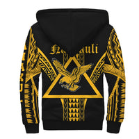 Back view black sherpa hoodie with large yellow emblem, eagle graphic, and hood
