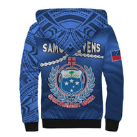 Blue back rugby hoodie with SAMOA RUGBY UNION crest, laurel and patterned tribal print
