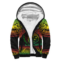 Black sherpa hoodie with colorful Polynesian pattern sleeves and white lined hood
