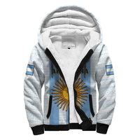 Unisex sherpa hoodie with hood, light blue striped front, black trim and zipper
