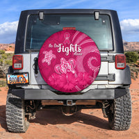 Pink spare tire cover with hibiscus floral pattern and “No One Fights Alone” text