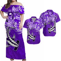 Personalised Hawaii Matching Hawaiian Shirt And Dress Polynesia Purple Sea Turtle Honu and Hammerhead Shark LT13 - Wonder Print Shop