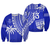 Blue rugby sevens sweatshirt with Polynesian tapa pattern, custom text and 13