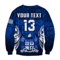 (Custom Text and Number) Fiji Rugby Sweatshirt Flying Fijians Blue Tapa Pattern LT13 - Wonder Print Shop