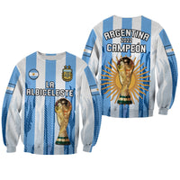 Football sweatshirt with light blue/white stripes, front trophy and text graphic, crew neck