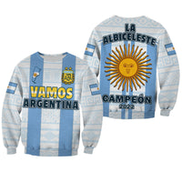 Blue Argentina sweatshirt with front graphic: Vamos Argentina text, map, crest
