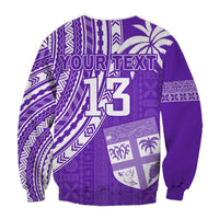 Purple sweatshirt back with YOUR TEXT, number 13, and tapa artwork patch