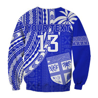 Blue rugby sevens sweatshirt with YOUR TEXT, number 13, and shield map graphic