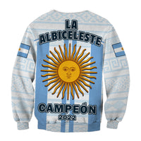 Blue Argentina sweatshirt back with La Albiceleste Campeón 2022 sun emblem