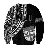 Black crewneck sweatshirt with bold FIJI lettering, tapa stripes and crest graphic