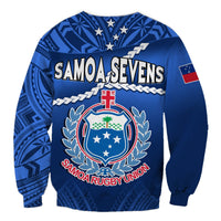 Blue rugby sweatshirt back with crest, wreath, and Samoa Rugby Union logo
