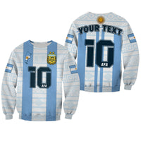Sudadera Argentina 2022 azul con texto personalizado y número 10, vista frontal y trasera