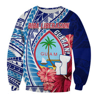 Blue Guam Liberation Day sweatshirt with “Biba Liberasion” text and floral “GUAM” print