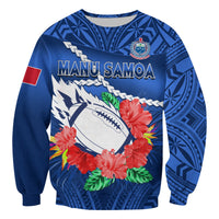 (Custom Text And Number) Samoa Rugby Sweatshirt Manu Samoa Polynesian Hibiscus Blue Style - Wonder Print Shop