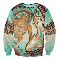 Hawaii Sweatshirt Polynesian Shark And Sea Turtle Dreamy Turquoise Artsy - Wonder Print Shop